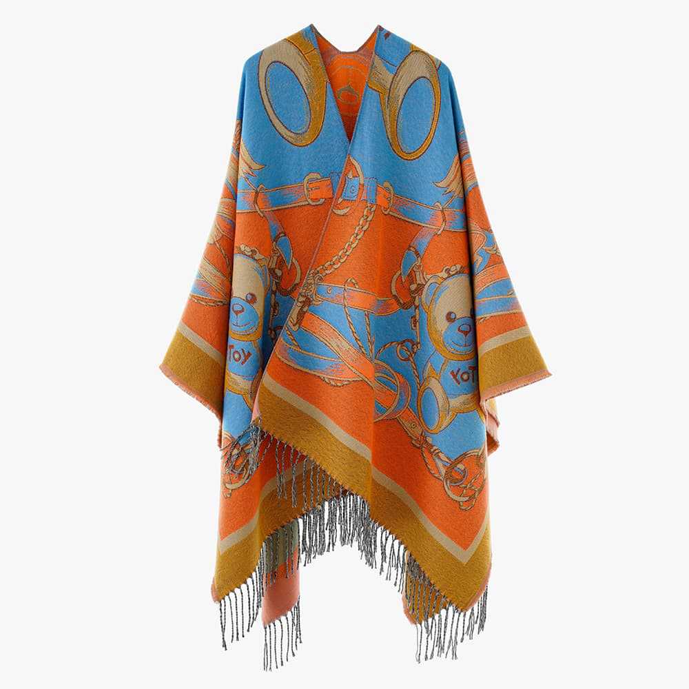 Damen Jacquard-Capeponcho mit Teddy‑Motiv, Oversize‑Silhouette und Fransensaum Drune