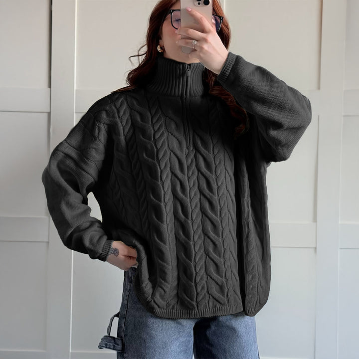 Damen nan oversized Zopfmuster-Troyer mit halbem Reißverschluss, hohem Stehkragen und gerundetem Saum Drune