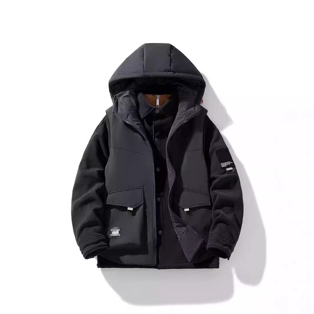 Herren Wärmende Outdoor-Kapuzenjacke mit Fleece-Innenlayer und Multifunktionstaschen Drune