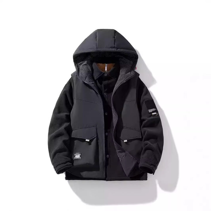 Herren Wärmende Outdoor-Kapuzenjacke mit Fleece-Innenlayer und Multifunktionstaschen Drune