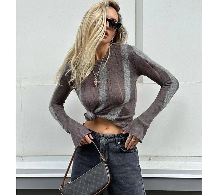 Damen modisches Strickoberteil mit elegantem Knoten und schmalen Ärmeln Drune