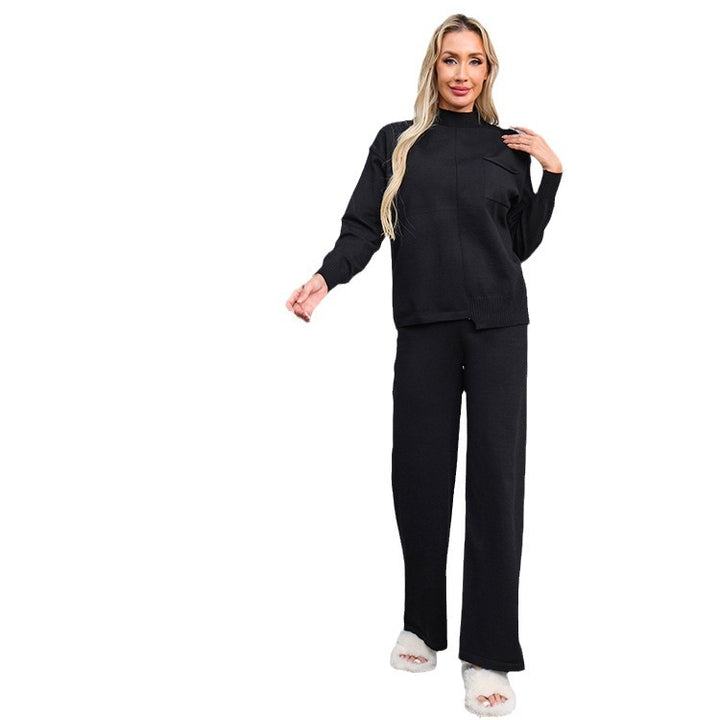 Damen gemütliches Strick-Loungewear-Set mit hohem Kragen und weitem Schnitt Drune