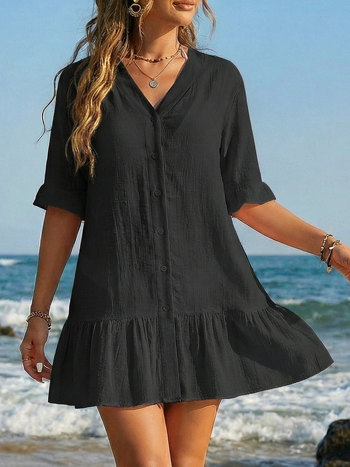 Damen luftiges Sommerkleid mit Knopfleiste und Rüschen Drune