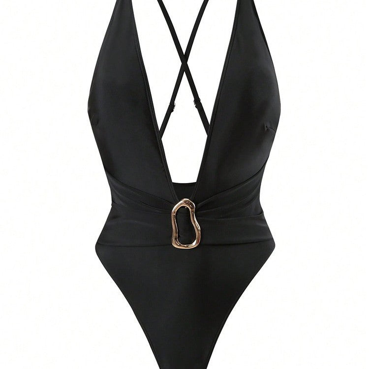 Damen Einteiler Badeanzug mit tiefem V-Ausschnitt und stilvollem Ringdetail Drune