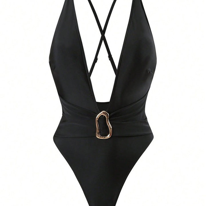 Damen Einteiler Badeanzug mit tiefem V-Ausschnitt und stilvollem Ringdetail Drune