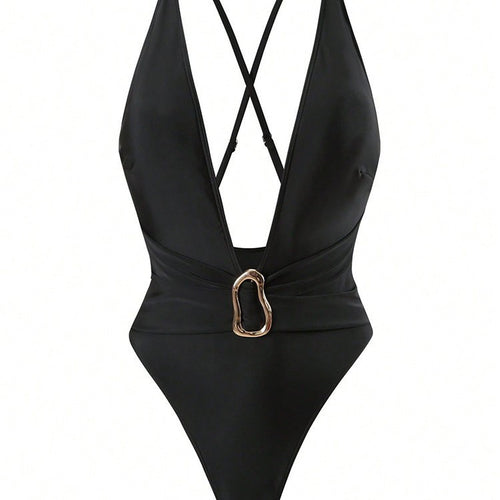Damen Einteiler Badeanzug mit tiefem V-Ausschnitt und stilvollem Ringdetail Drune