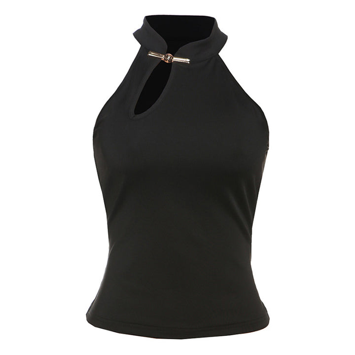 Damen modernes Hochkragen Top mit elegantem Schlitz und goldener Akzent Drune