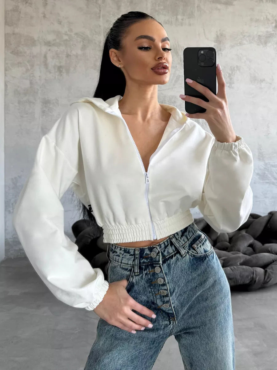 Damen Kurzgeschnittene Kapuzenjacke mit Reißverschluss, elastischem Bund und legerer Passform Drune