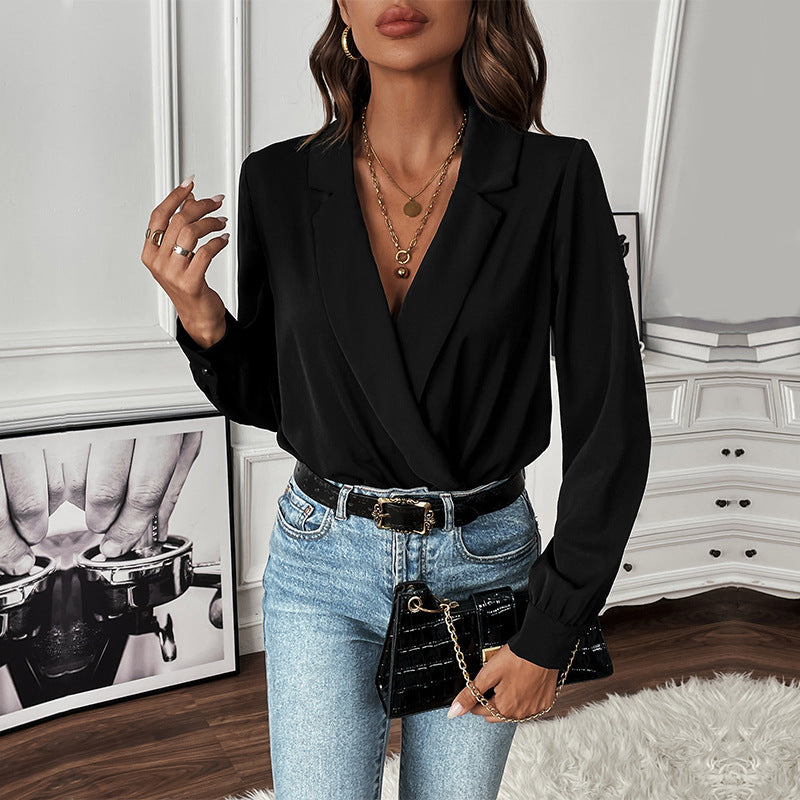 Damen Eleganter Body mit V-Ausschnitt und langen Ärmeln Drune