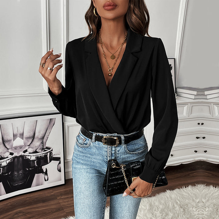 Damen Eleganter Body mit V-Ausschnitt und langen Ärmeln Drune