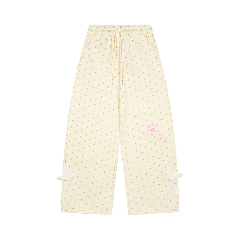 Damen Weite Lounge-Hose mit elastischem Bund, Sternenallover und Pfoten-Applikation Drune