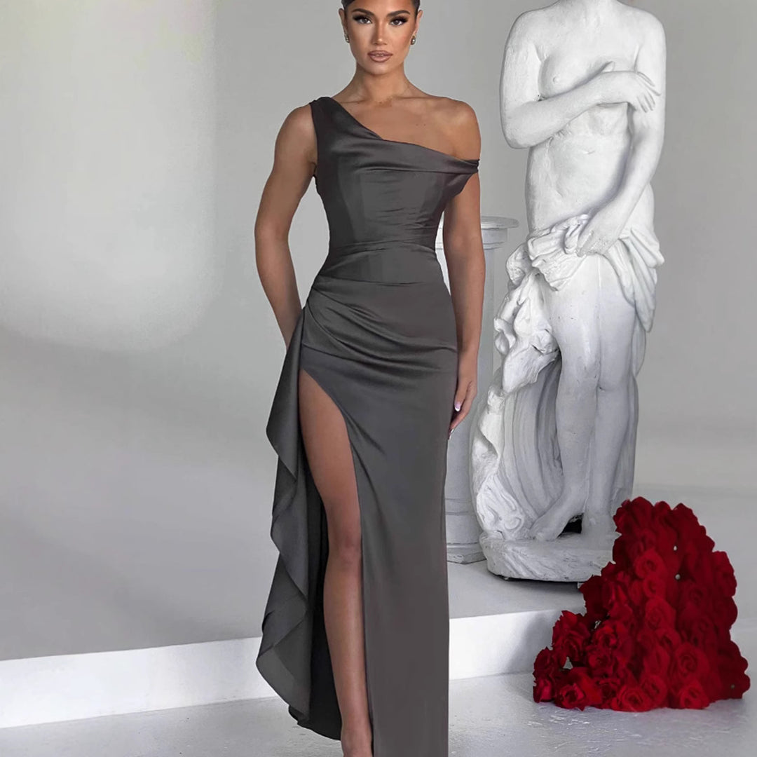 Damen elegantes One-Shoulder Maxikleid mit hohem Schlitz und figurbetontem Design Drune