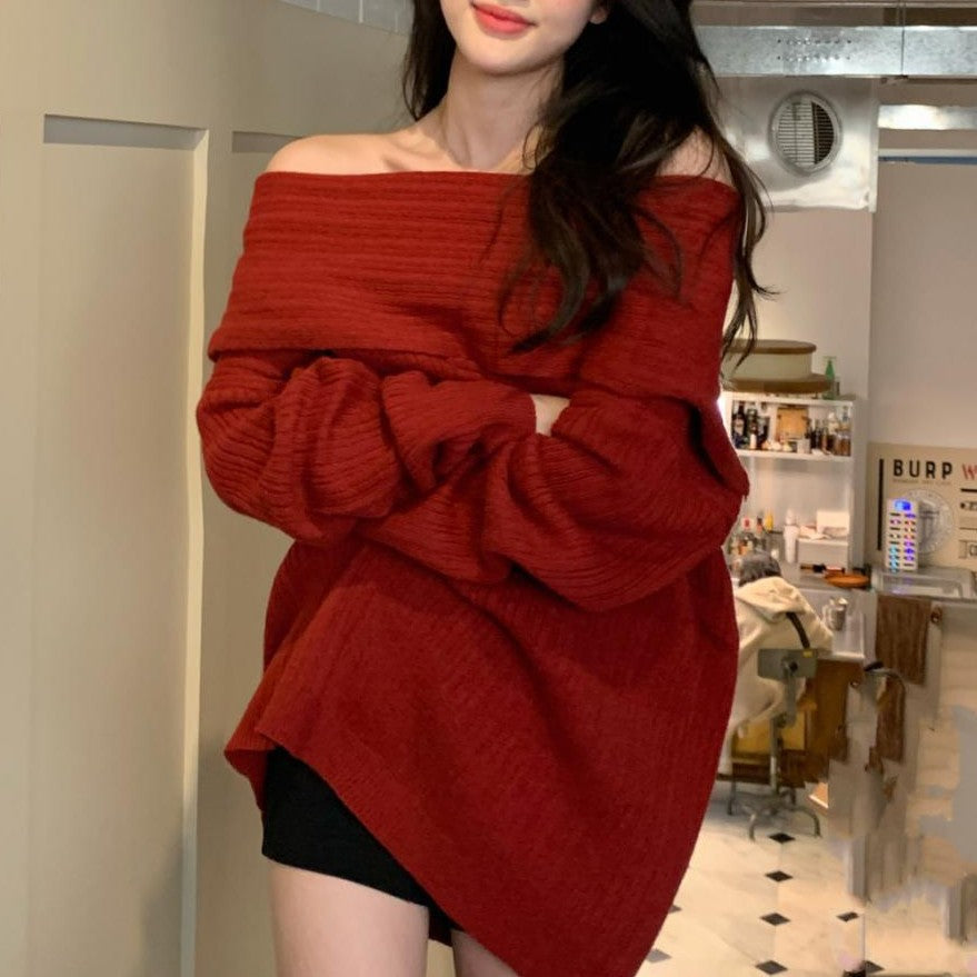 Damen Oversized Pullover mit lässigem Off-Shoulder Design und feiner Rippstruktur Drune
