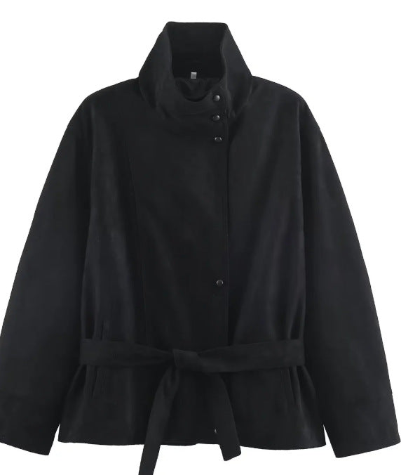 Damen Veloursleder-Optikjacke mit hohem Stehkragen und Taillengürtel Drune