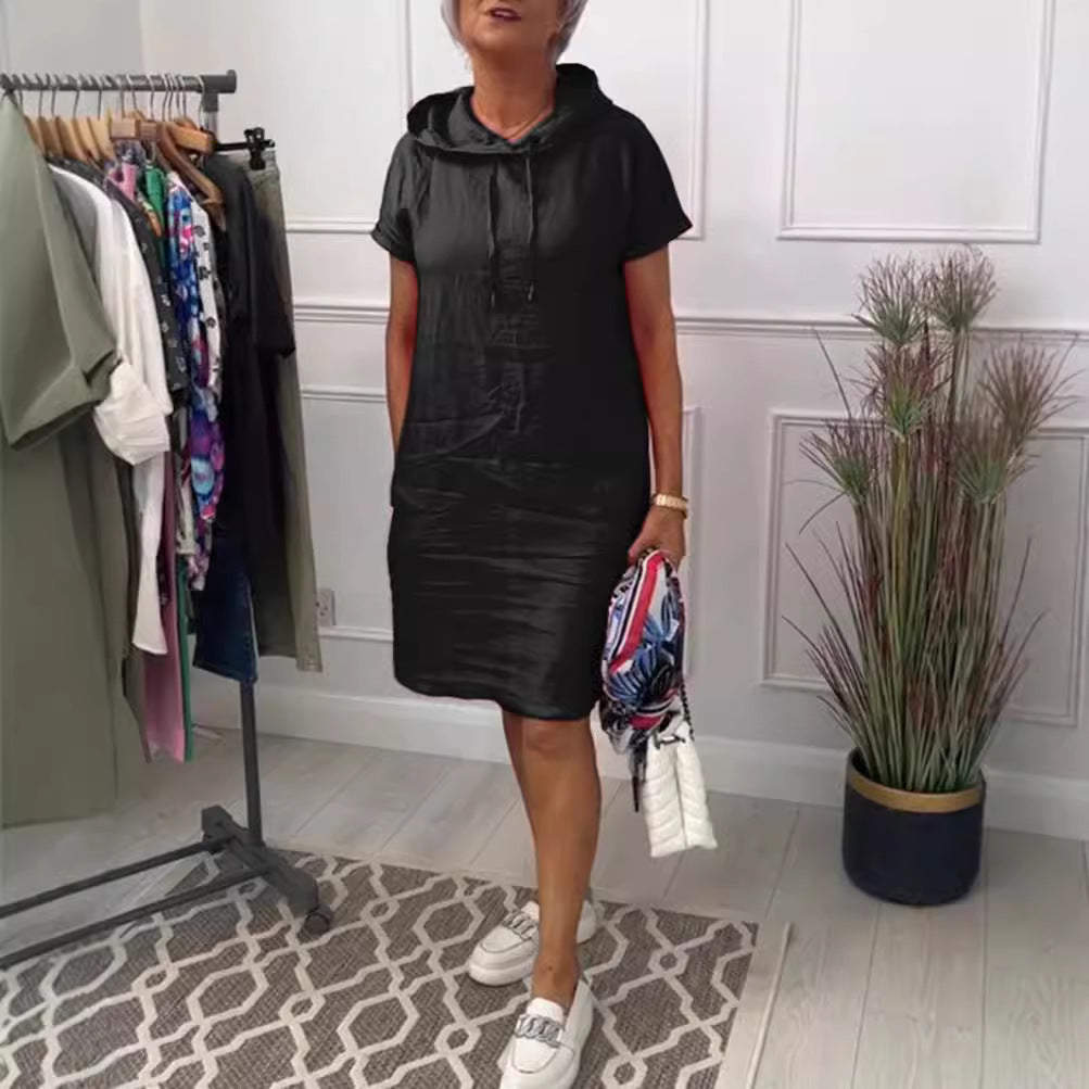 Damen nan legeres Kapuzenkleid mit kurzem Ärmel, geradem Schnitt und Kordelzug Drune