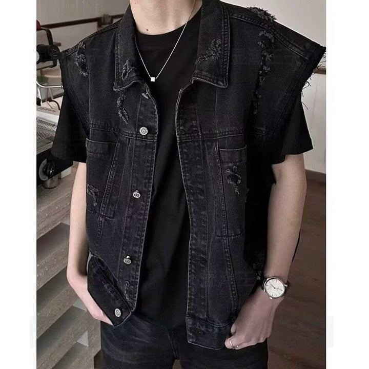 Herren Denim-Weste im Vintage-Used-Look mit Destroyed-Taschen und kastiger Passform Drune