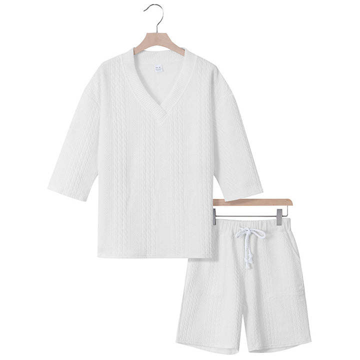 Unisex nan lässiges Lounge-Set mit V-Ausschnitt-Oberteil und Kordelbund-Shorts Drune