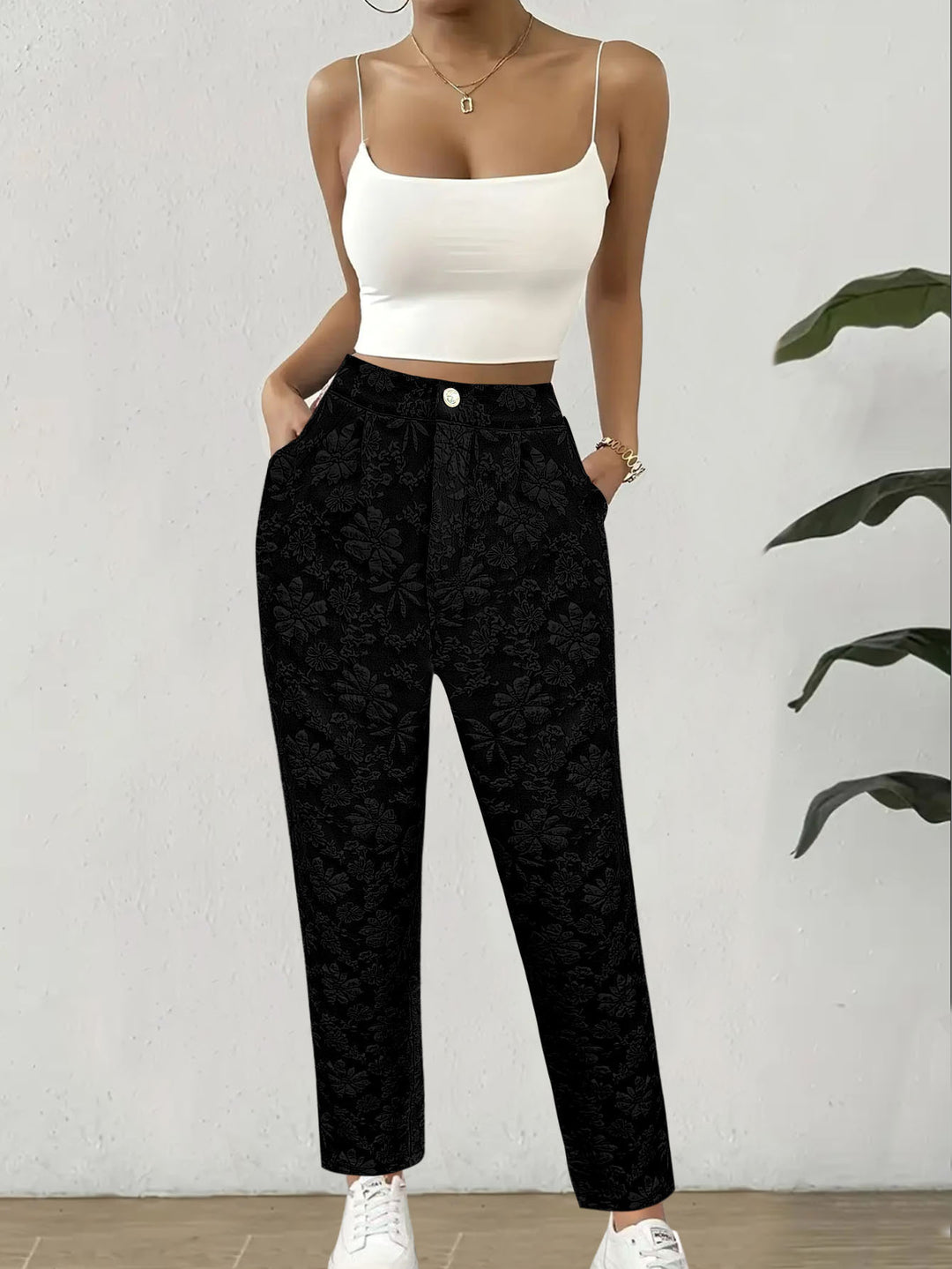 Damen Hochtaillierte Bundfalten‑Hose mit floralem Jacquard und geradem Bein Drune