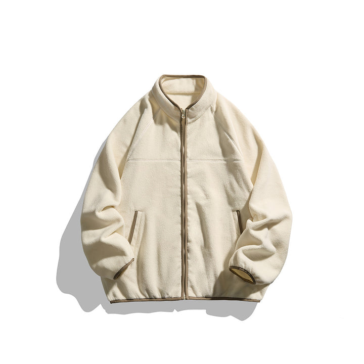 Unisex Oversize Fleecejacke mit Stehkragen, durchgehendem Reißverschluss und Kontrastpaspeln Drune