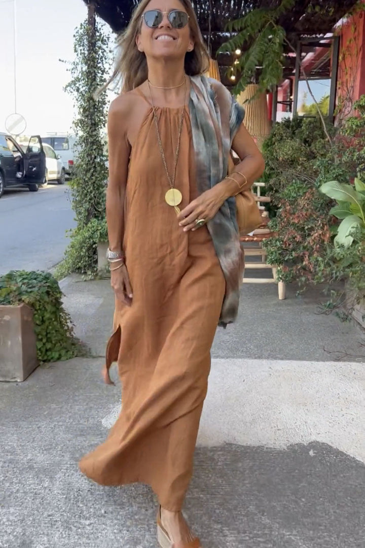 Damen Langes Leinenkleid mit schulterfreier Trägerkonstruktion und flirtendem Schlitz Drune