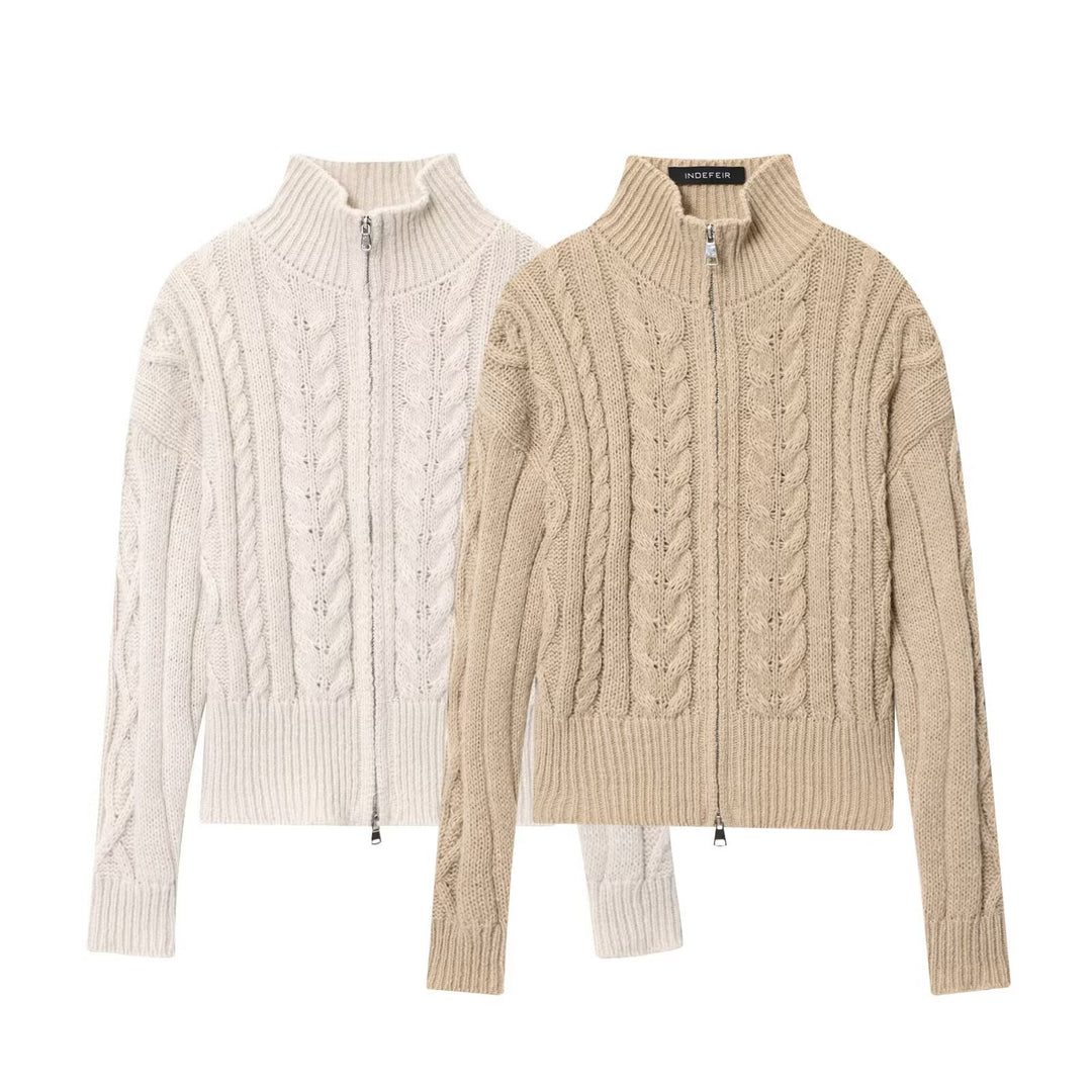 Damen Grobgestrickte Zopfstrick-Cardigan mit Stehkragen und Reißverschluss Drune
