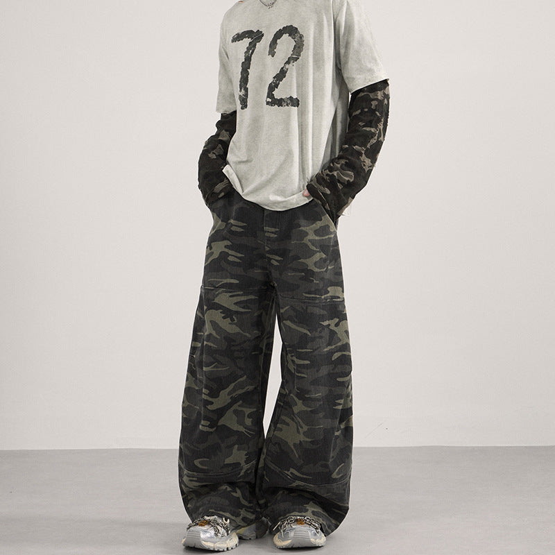 Herren Weite Camouflage-Baggy-Hose mit niedriger Bundlinie und Knie-Patchtaschen Drune