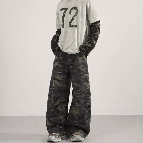 Herren Weite Camouflage-Baggy-Hose mit niedriger Bundlinie und Knie-Patchtaschen Drune