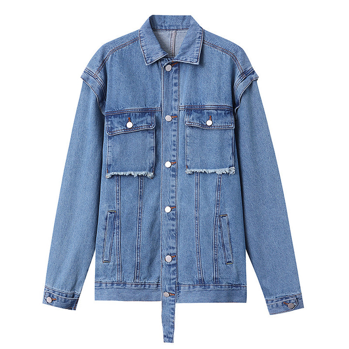 Damen lässige Denim-Übergangsjacke mit modischen Knopfdetails und aufgesetzten Taschen Drune