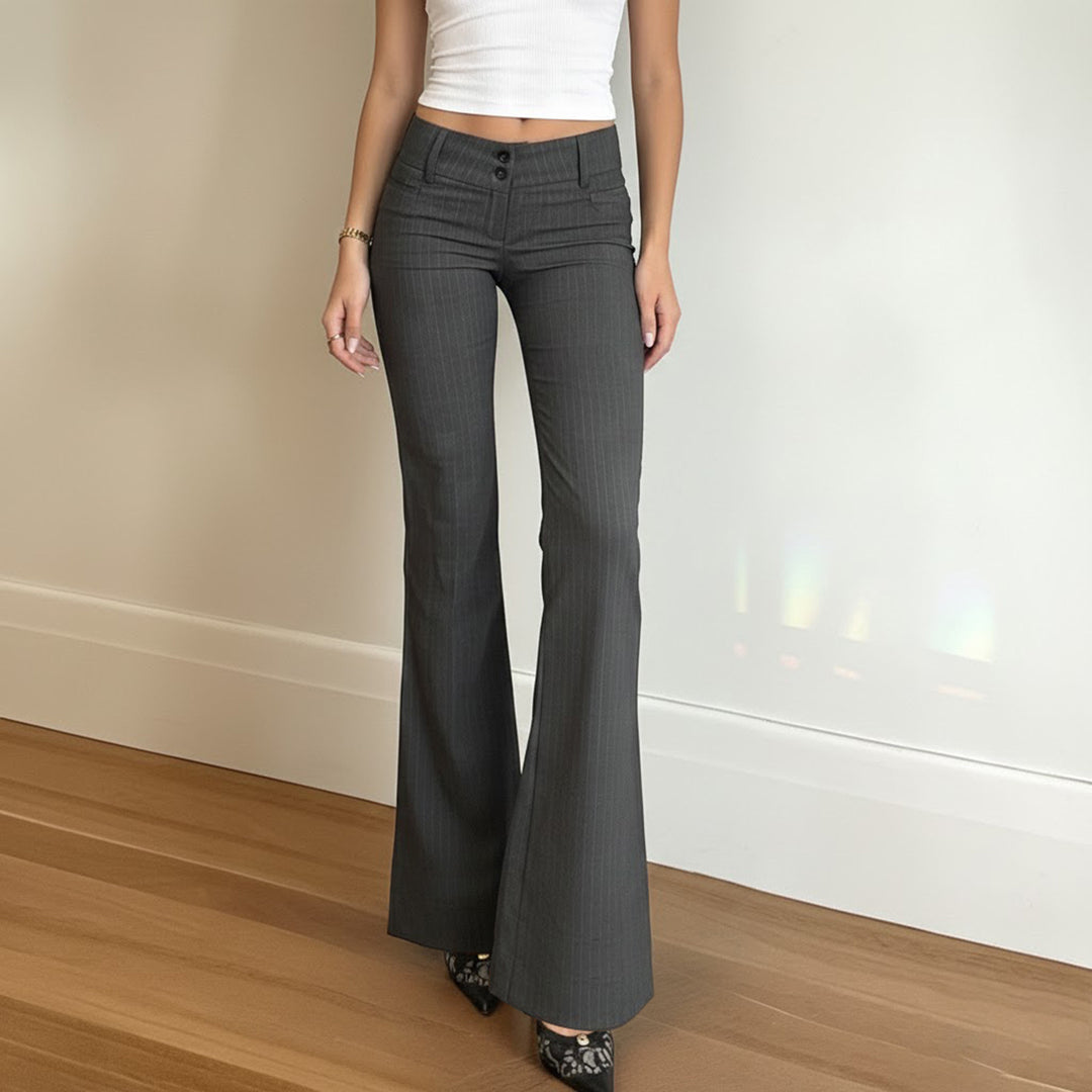 Damen Hochtaillierte Stretch‑Schlaghose mit Nadelstreifen und Doppelknopf Drune