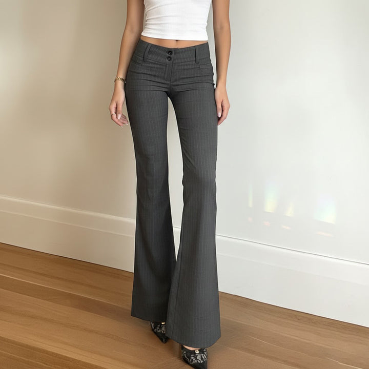Damen Hochtaillierte Stretch‑Schlaghose mit Nadelstreifen und Doppelknopf Drune