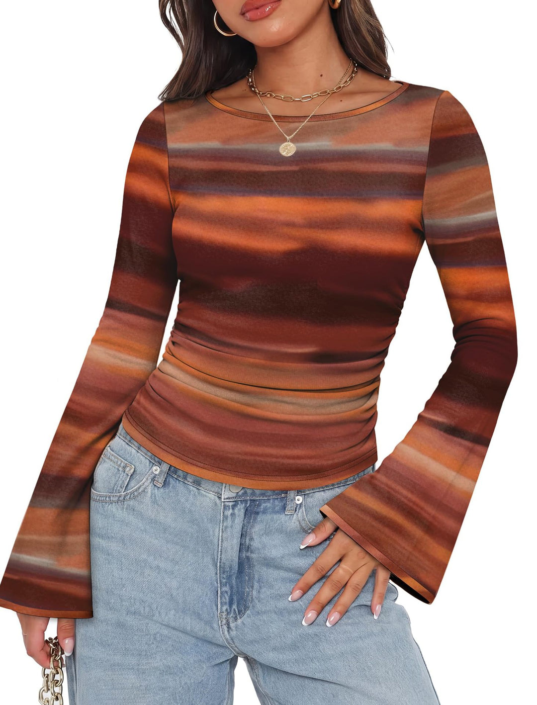Damen Geripptes Langarmshirt mit Raffung, Trompetenärmeln und Kontrastbesatz Drune