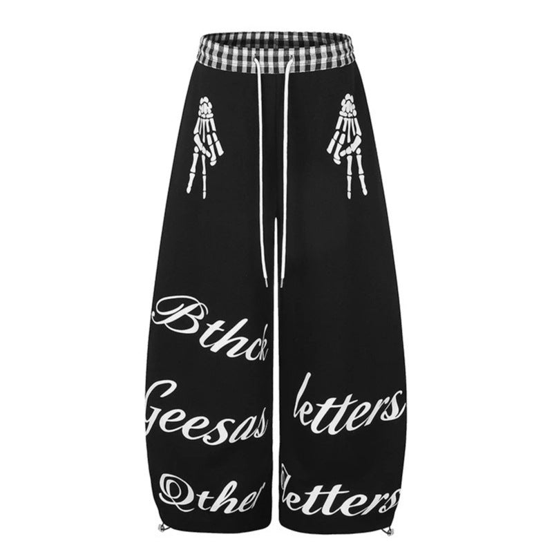 Damen Extraweite Palazzo-Sweathose mit Karo-Komfortbund, Tunnelzug und Skelett-Print Drune