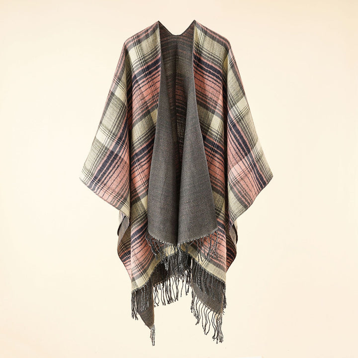 Damen Kastiger Plaid-Ruana aus leichtem Wollmix mit dekorativem Fransensaum Drune