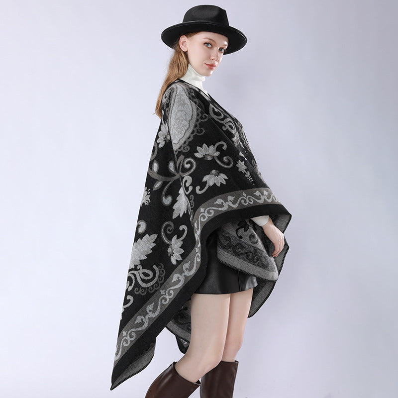 Damen Wollmix-Poncho-Umhang mit Paisley-Jacquard und Ziernaht Drune