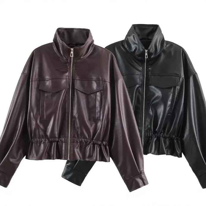 Damen Cropped Kunstleder‑Blouson mit Stehkragen, Pattentaschen und Tunnelzugtaillierung Drune