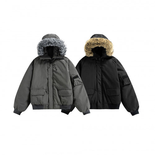Unisex Wattierte Bomberjacke mit Kunstfellkapuze, geripptem Saum und Utility-Taschen Drune