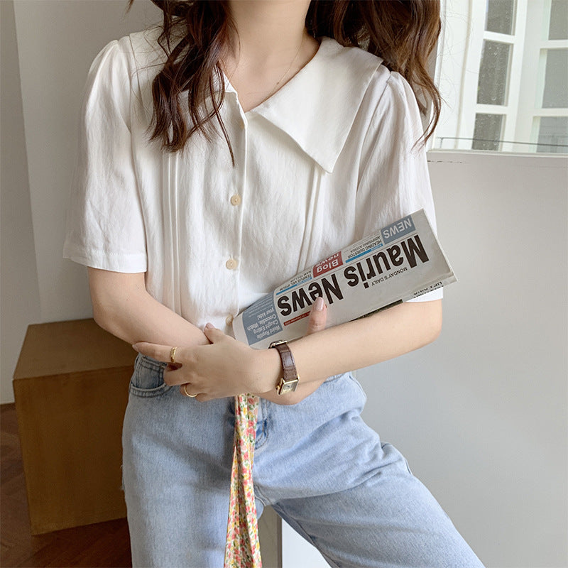 Damen Kurzarm Bluse mit elegantem Stehkragen und knöpfbarem Design Drune