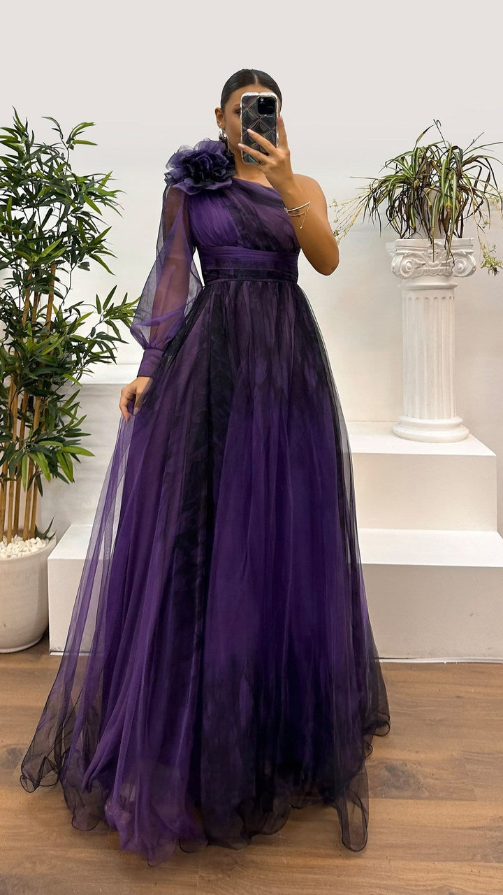 Drune | Frühling Herbst Schräg Schulter Mesh Blumenmuster Kleid Lässig Locker Festlich Kleid