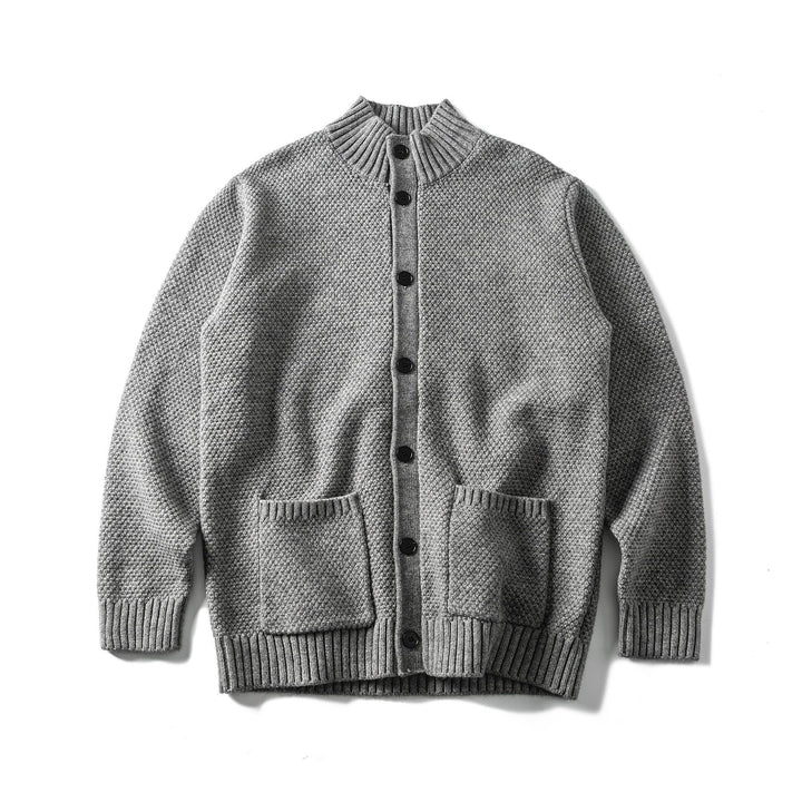 Damen Grobstrick-Cardigan mit hohem Rippkragen, Knopfleiste und aufgesetzten Taschen Drune