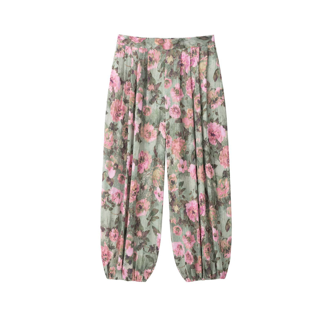 Damen Weite Plissee-Hose mit Blumenprint und elastischen Bündchen Drune