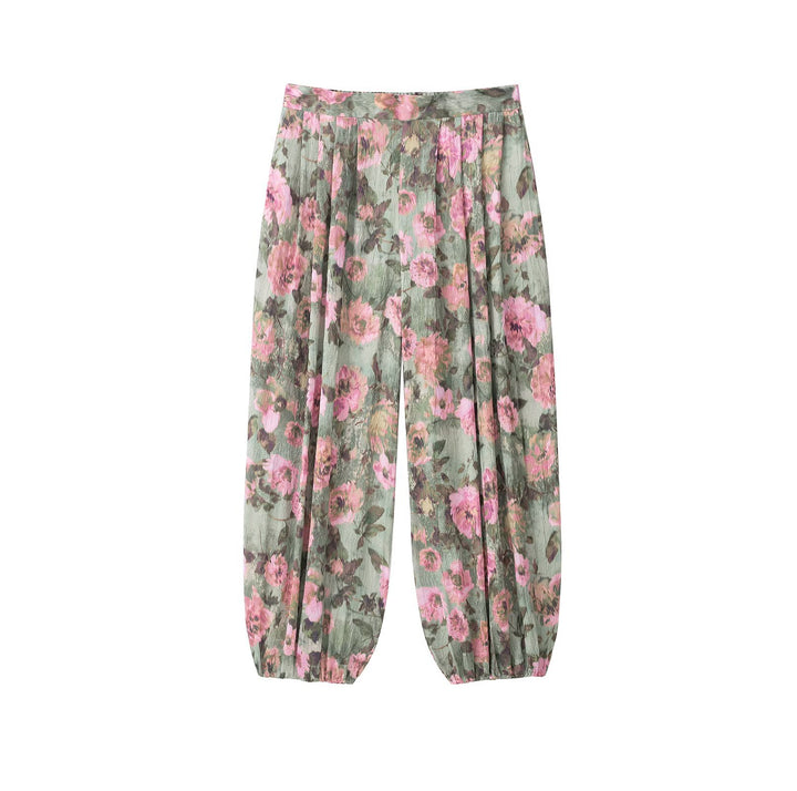 Damen Weite Plissee-Hose mit Blumenprint und elastischen Bündchen Drune