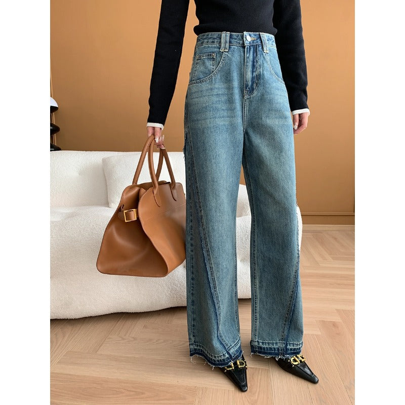 Damen elegante weit geschnittene Jeanshose mit hohem Bund Drune
