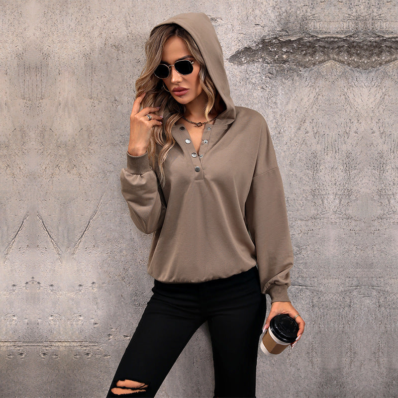 Damen Lässiges Kapuzen-Henley-Sweatshirt mit Druckknopfleiste und Gummizug-Saum Drune