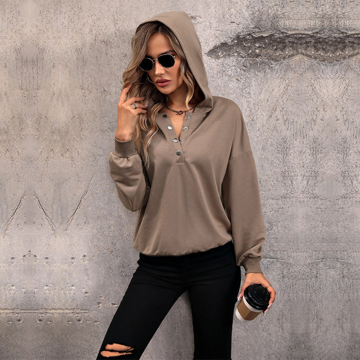 Damen Lässiges Kapuzen-Henley-Sweatshirt mit Druckknopfleiste und Gummizug-Saum Drune