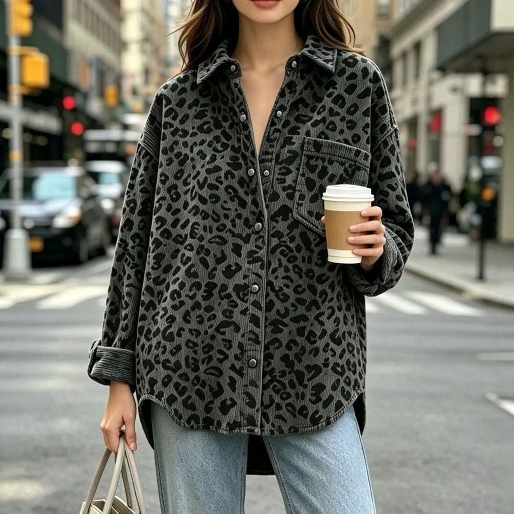 Damen Oversize Cord-Hemdenjacke mit Leopardenmuster und Druckknöpfen Drune