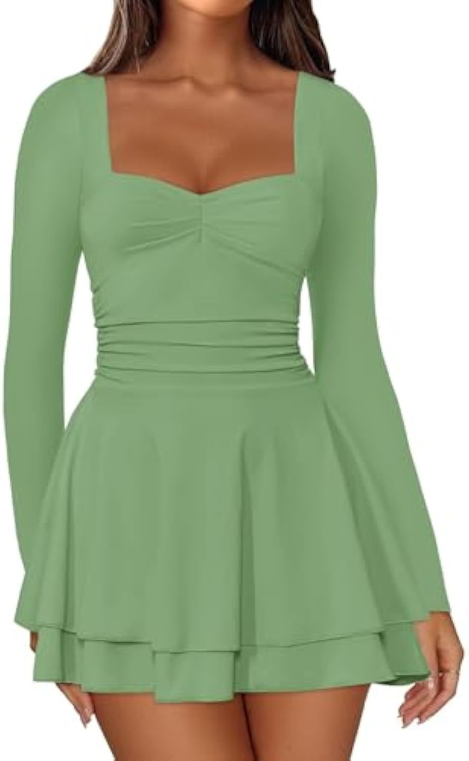 Damen Langarm-Minikleid mit quadratischem Ausschnitt, taillierter Raffung und zweilagigem Volantrock Drune