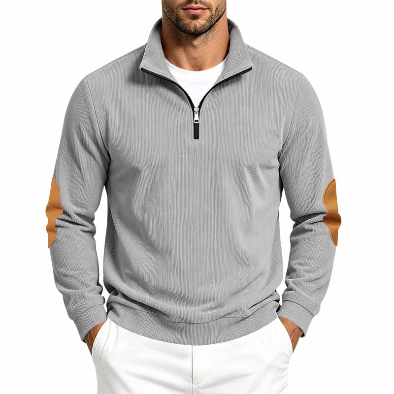 Herren Leichter Struktur-Halbzip-Pullover mit Cord‑Ellbogenpatches und Stehkragen Drune