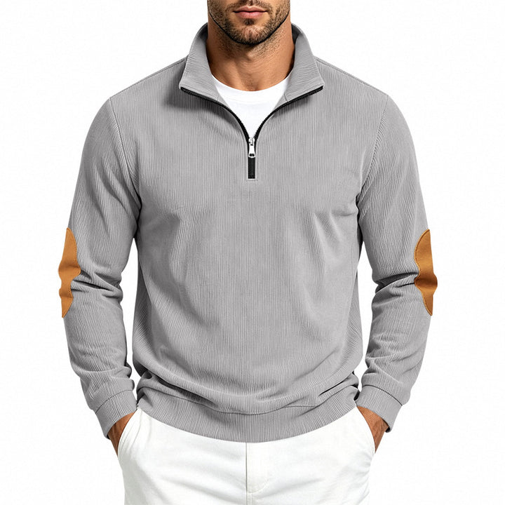 Herren Leichter Struktur-Halbzip-Pullover mit Cord‑Ellbogenpatches und Stehkragen Drune