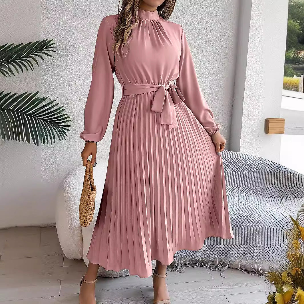 Drune | Elegante Stehkragen Taillierter Plissierter Langer Rock kleines Kleid