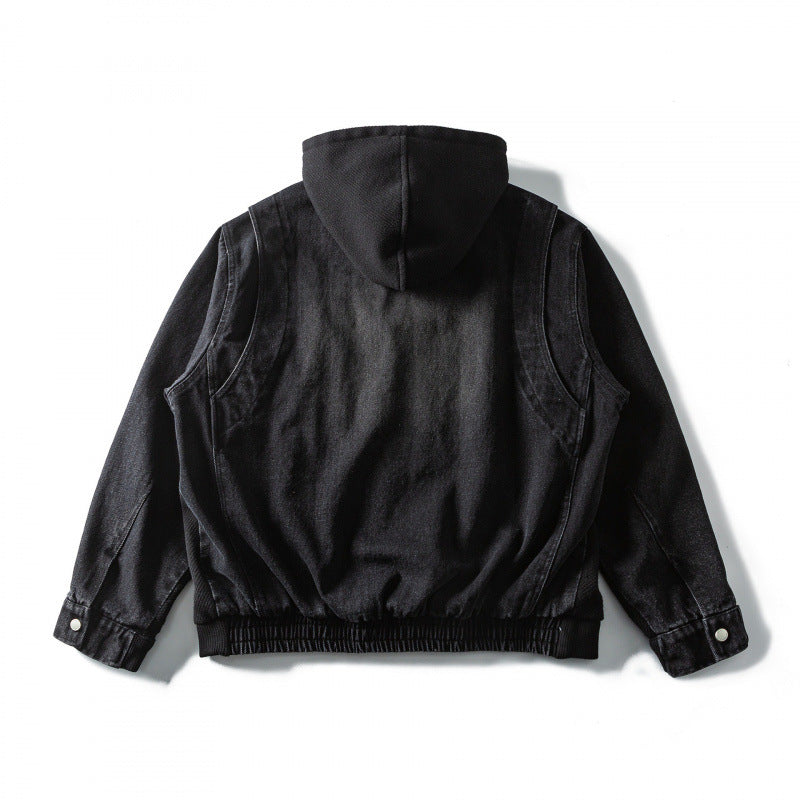 Unisex Boxy-Kapuzenjacke aus strukturierter Baumwollmischung mit durchgehendem Reißverschluss und Pattentaschen Drune